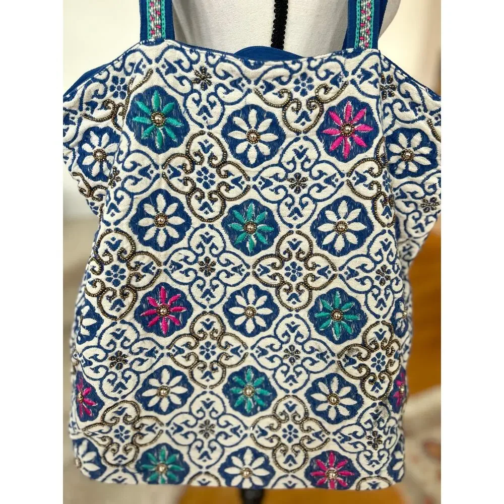 Stephanie Nicole Blue White Mosaic Beaded Floral Indian Tote Bag
